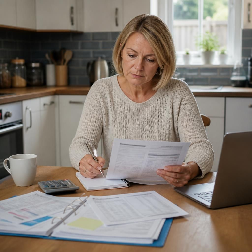 Foster carer reviewing pension documents and household finances at a kitchen table