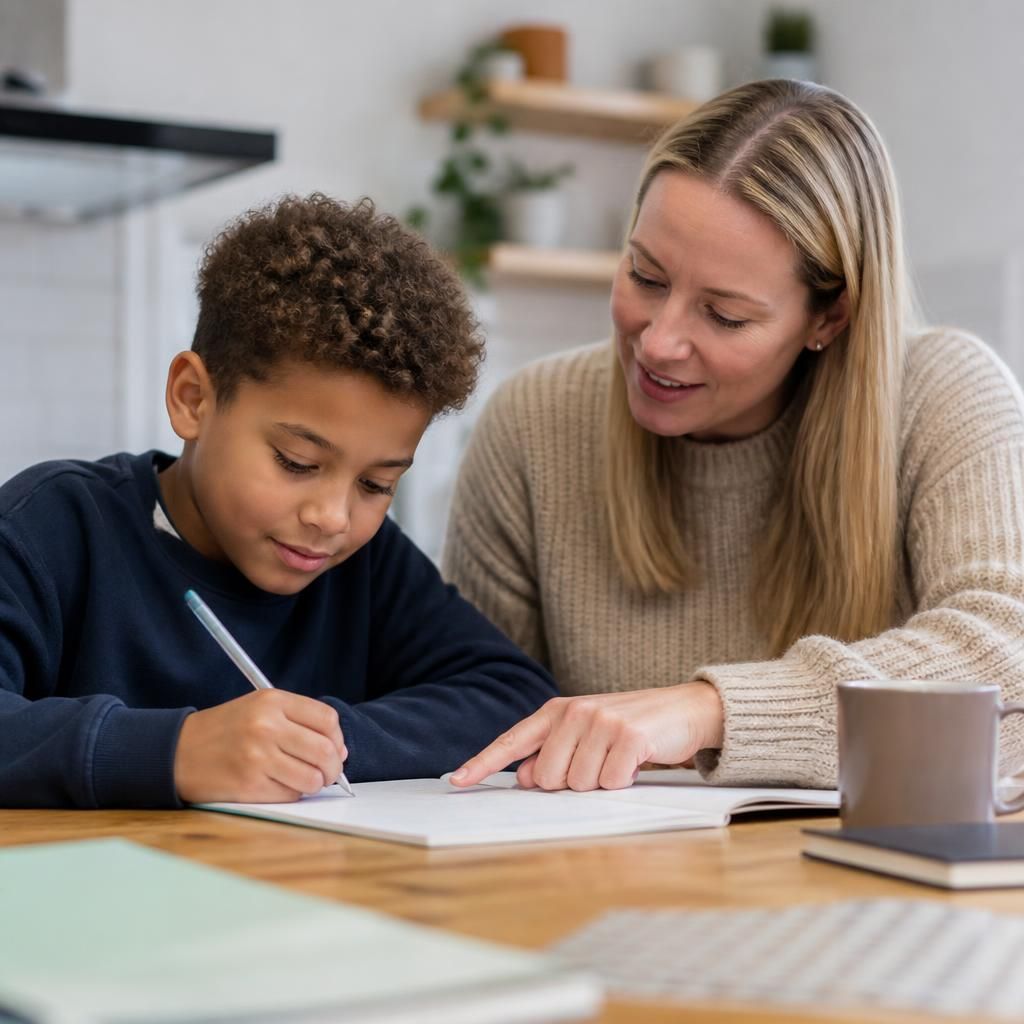 Foster carer helping a child with a homework activity