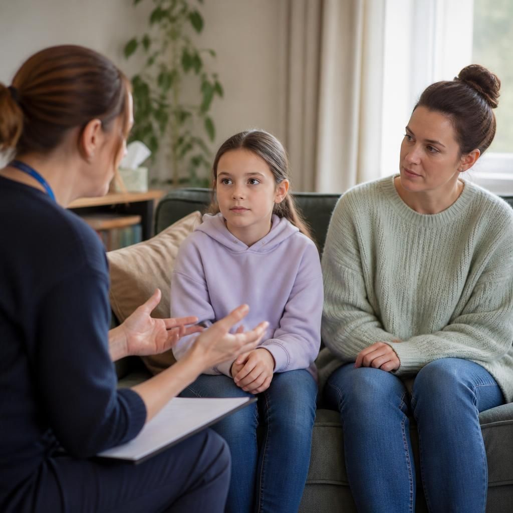 Social worker speaking with a child and foster carer during a family contact meeting