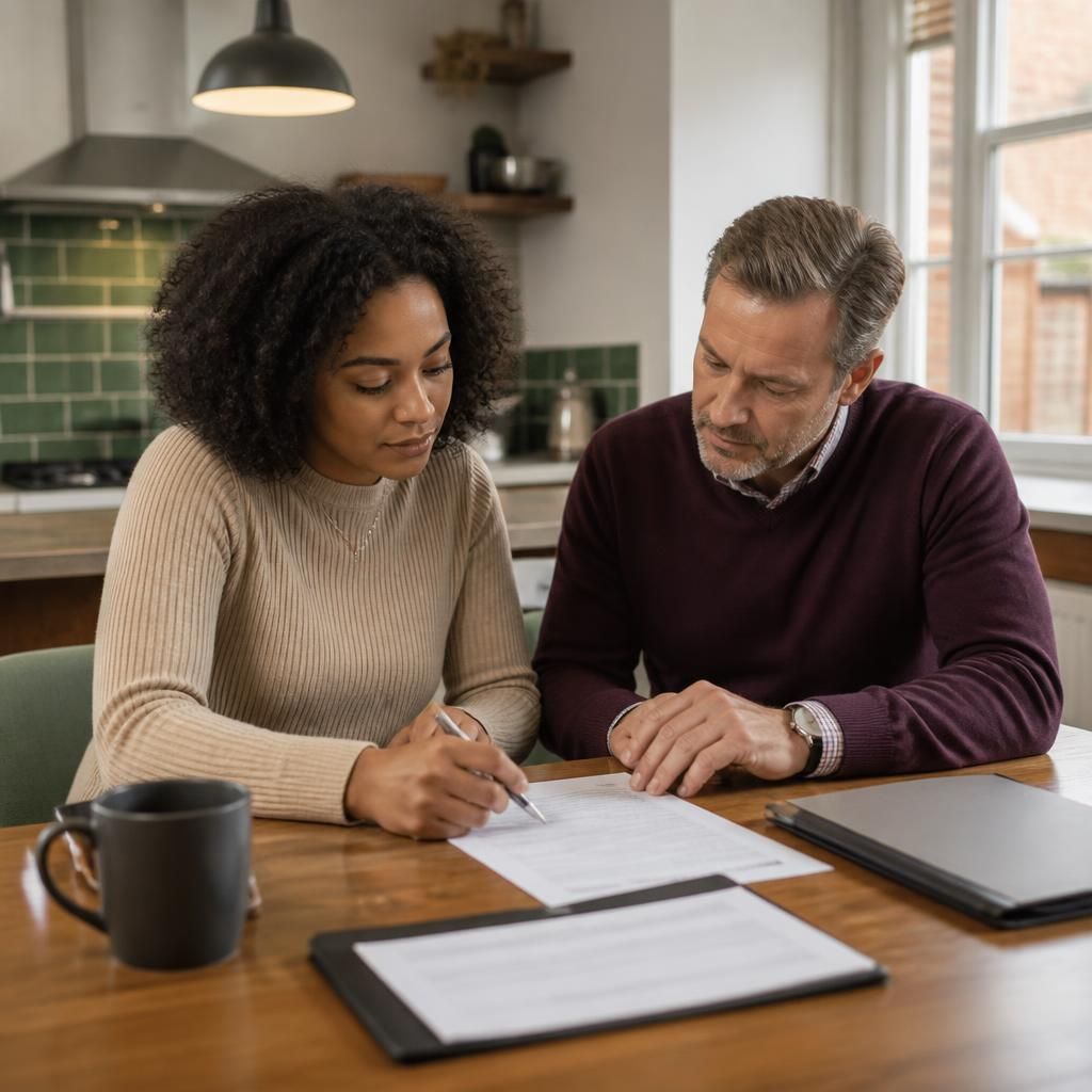 Tenant and landlord reviewing a tenancy agreement at a kitchen table