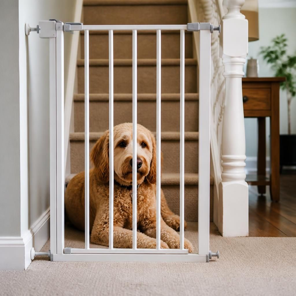 A dog resting behind a stair gate in a family home