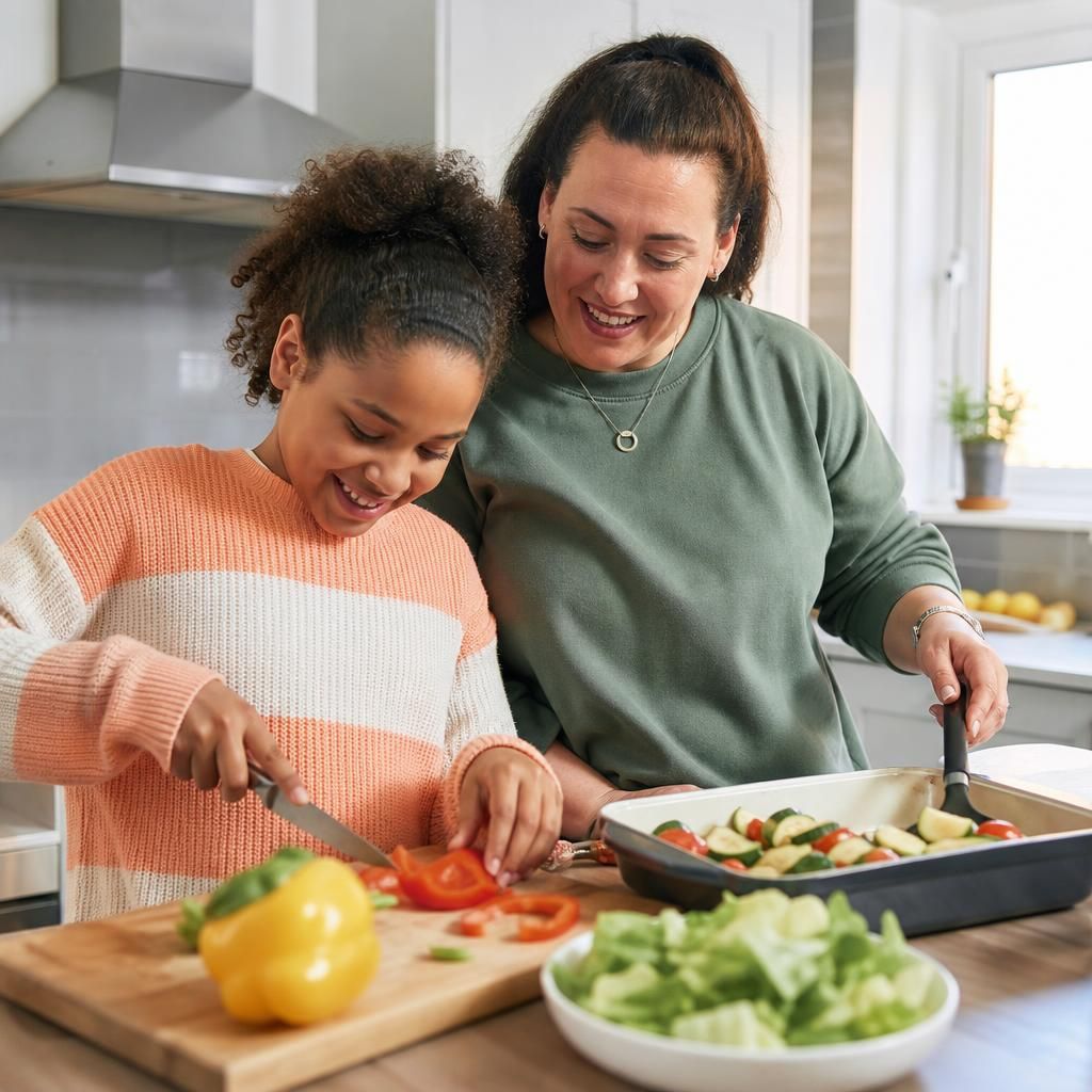 Single foster carer and child preparing a meal together at home