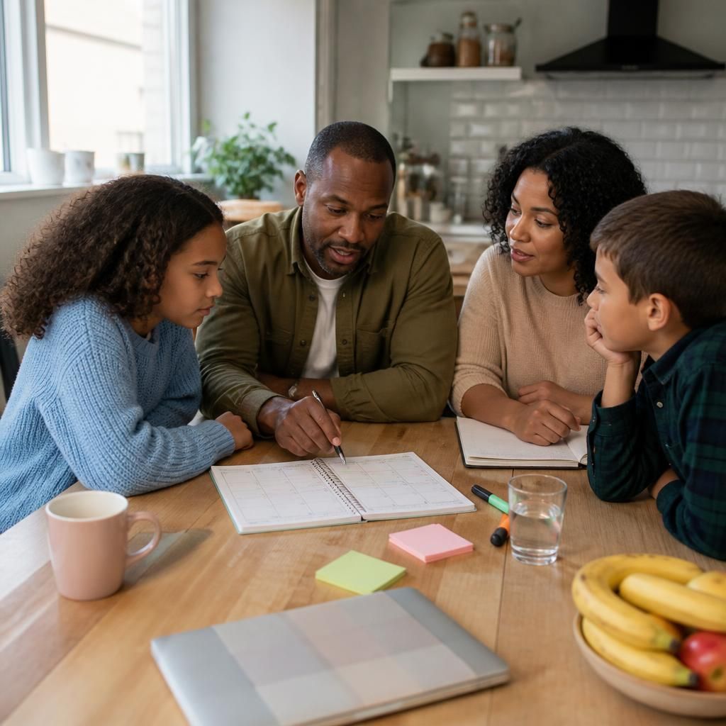 Family members planning a shared routine around a kitchen table