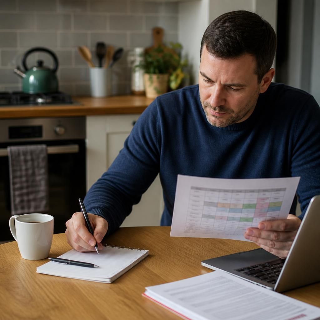 Foster carer reviewing a work schedule at a kitchen table