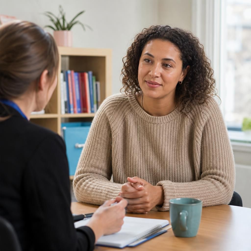 Single parent speaking with a fostering professional about a child’s progress