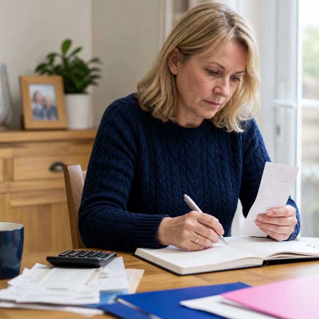 Foster carer reviewing a household budget and receipts at a table