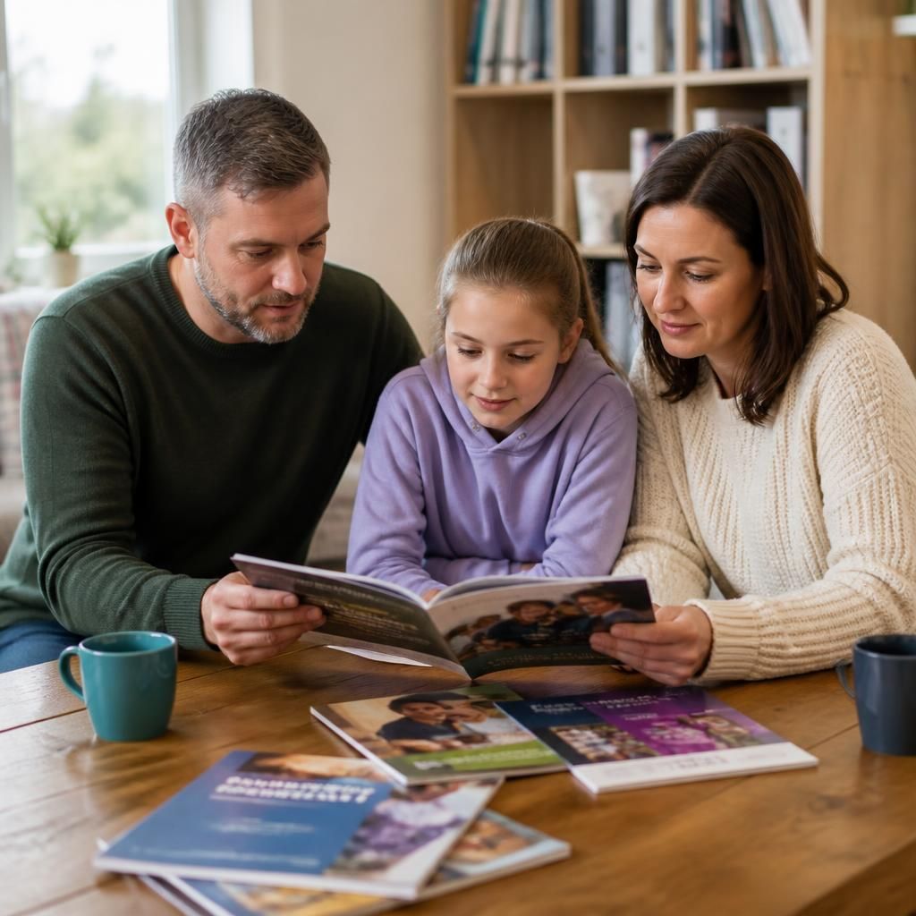 Family looking at books and resources about children’s experiences and care