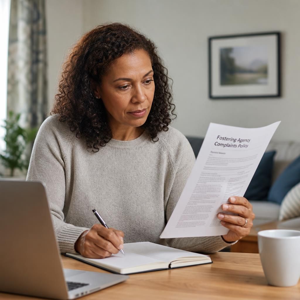 Person reading a fostering agency complaints policy and making notes