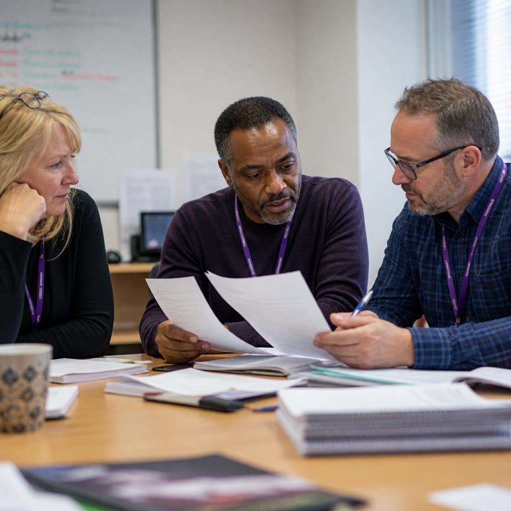 Fostering panel members reviewing an assessment report at a meeting