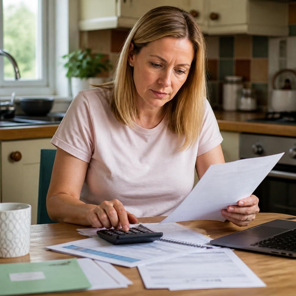 Foster carer reviewing household expenses and payment records at a kitchen table