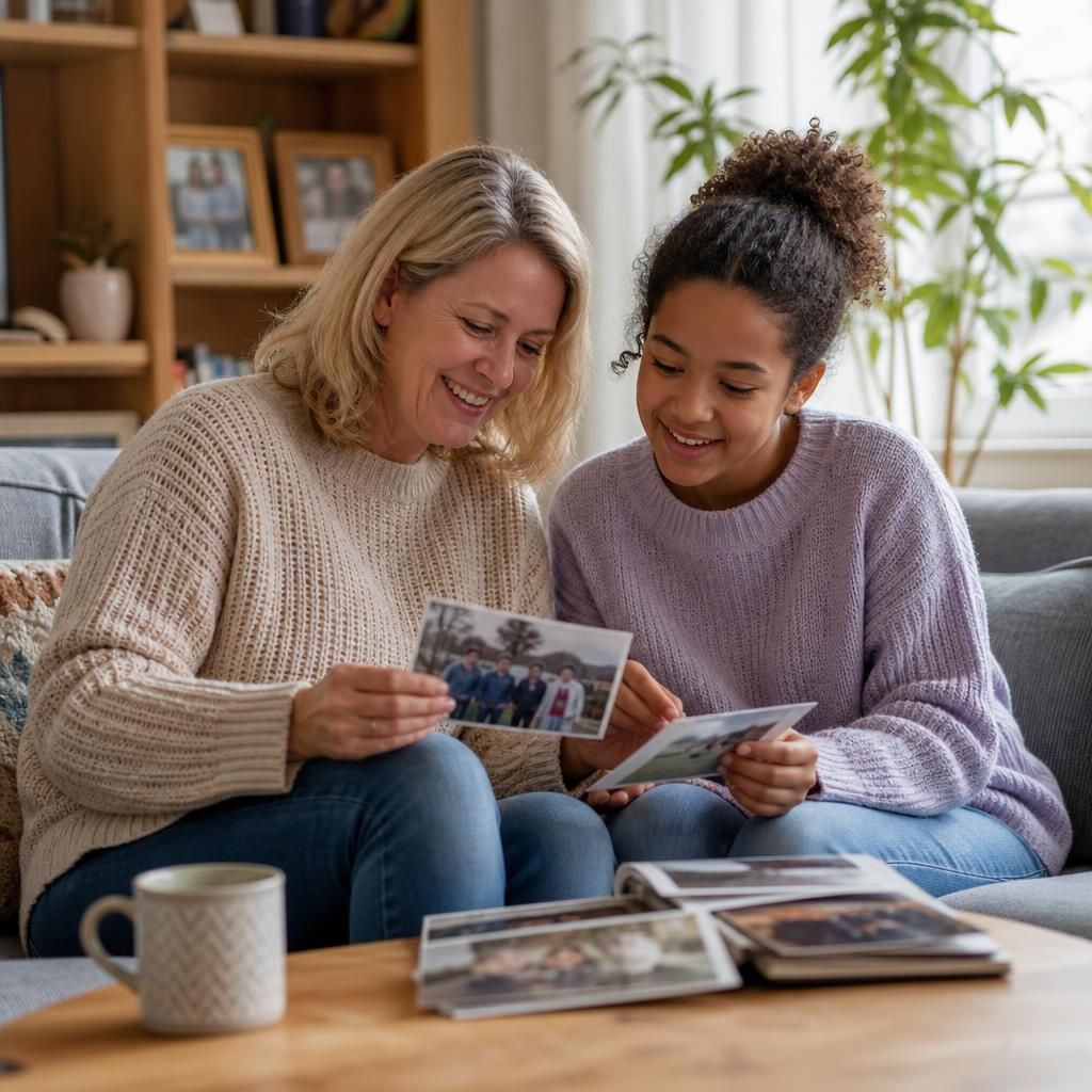 Foster carer and young person looking through photographs together
