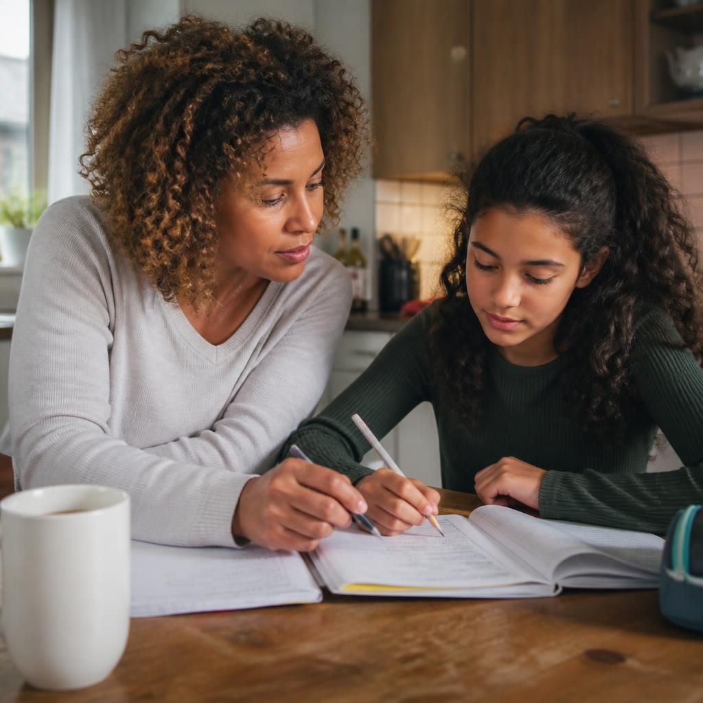 Foster carer helping a child with homework at a kitchen table