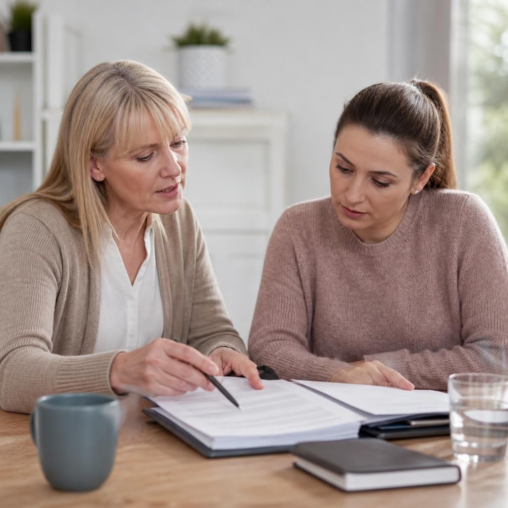 Foster carer reviewing placement documents and payment terms with an adviser