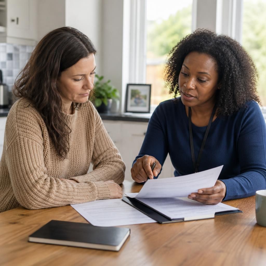 Foster carer reviewing placement paperwork with a social worker at a table
