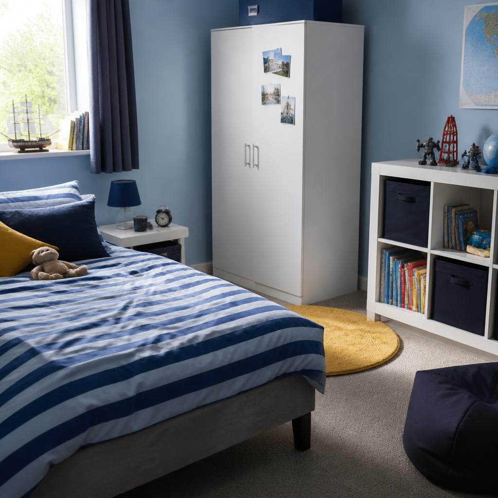 Foster child’s bedroom with a bed, storage and personal belongings