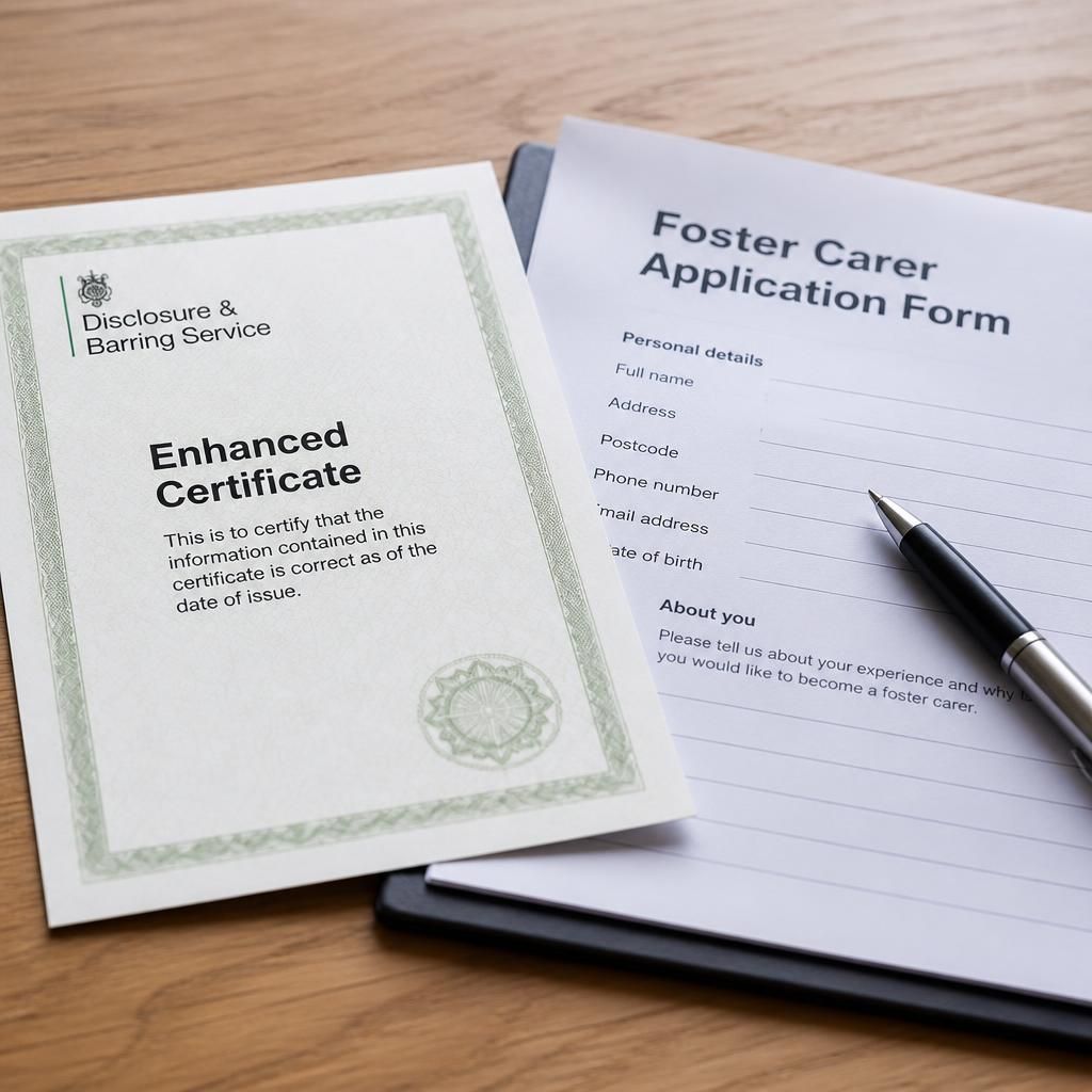 Enhanced DBS certificate beside a foster carer application form