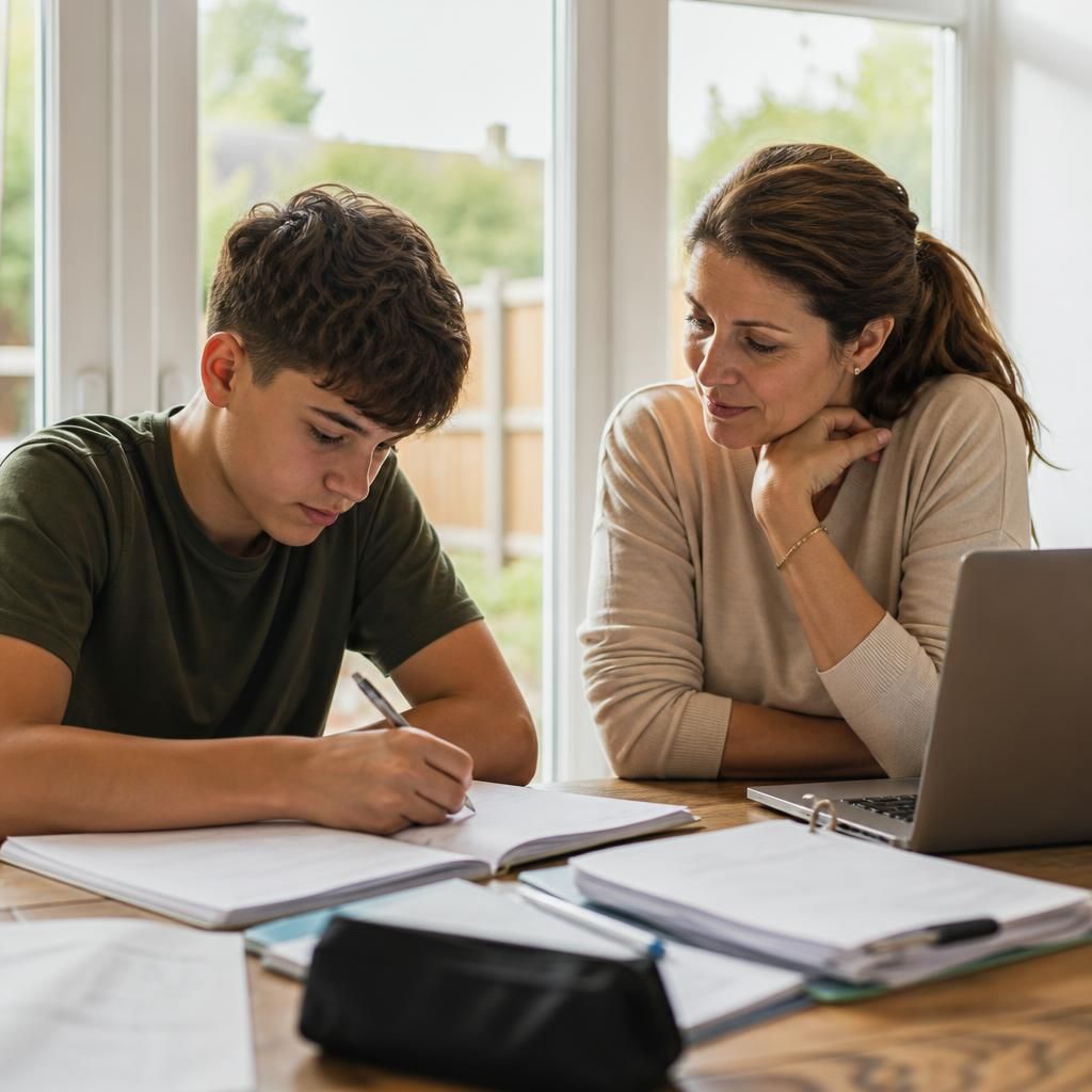 Teenager completing schoolwork at a table with a foster carer nearby