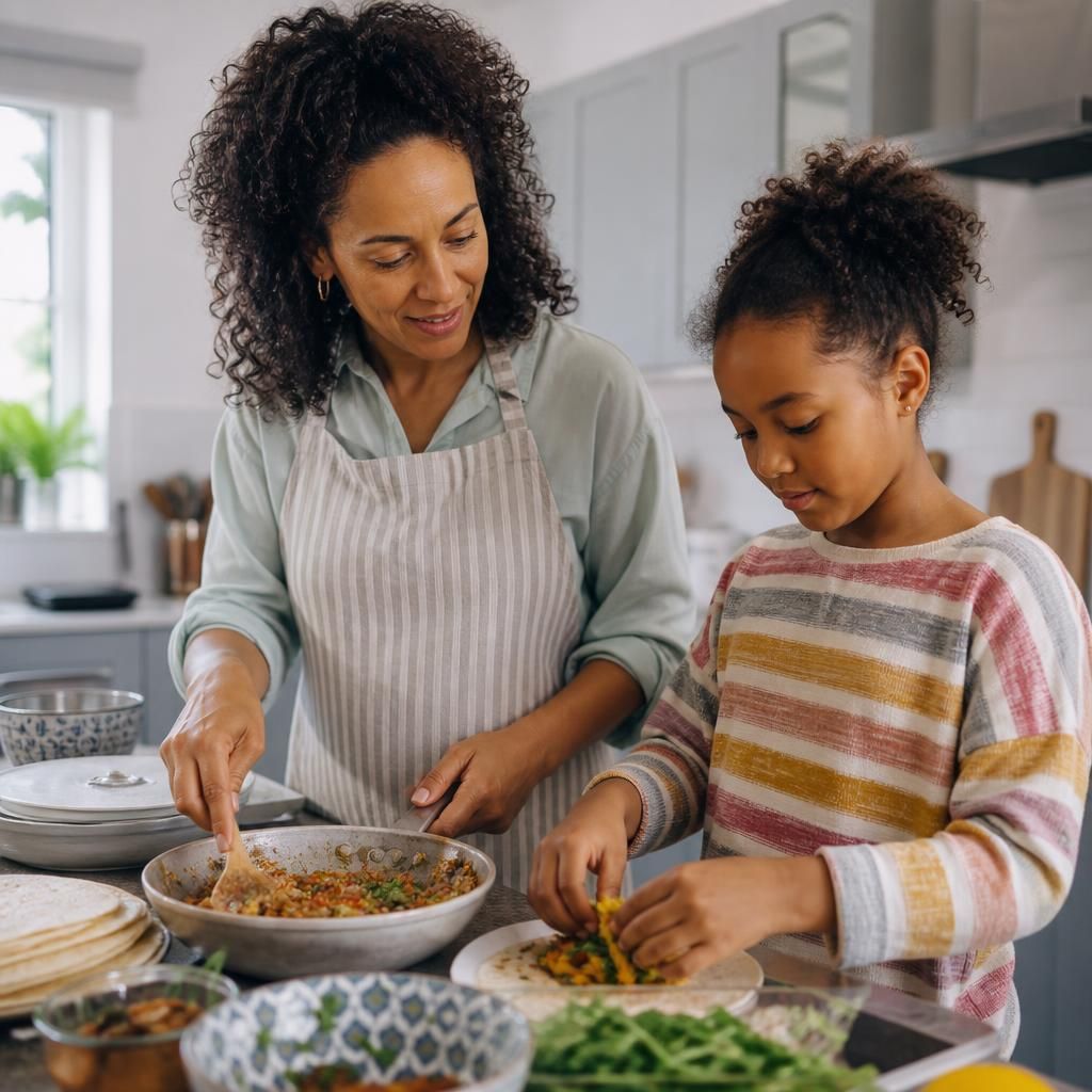Foster carer and child preparing traditional food together at home