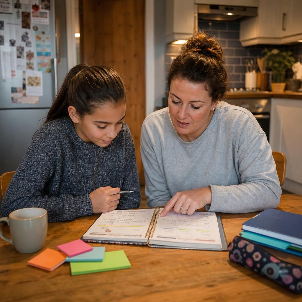Single parent and foster child planning a weekly routine together