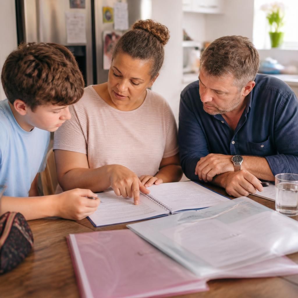 Family reviewing notes and information about a child’s care