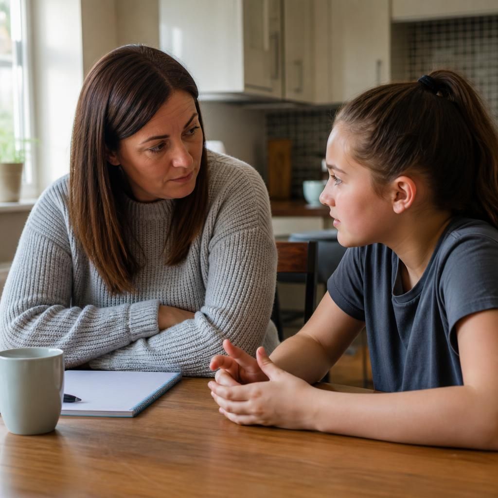 Foster carer and child talking together at a table before a family contact visit