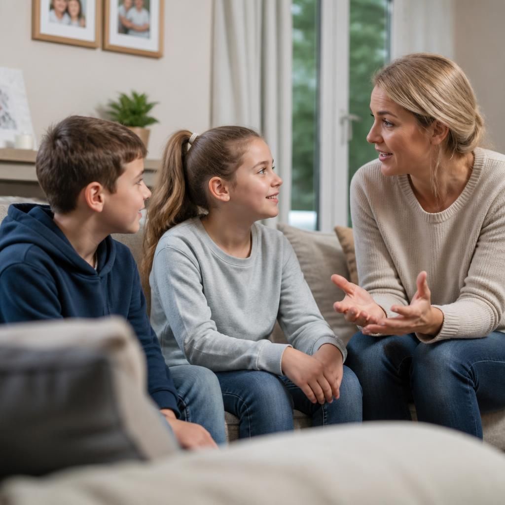 Foster carer talking with two siblings in a family home