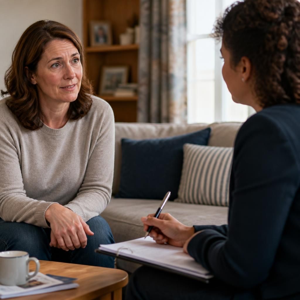 Foster carer speaking with a supervising social worker during a placement review