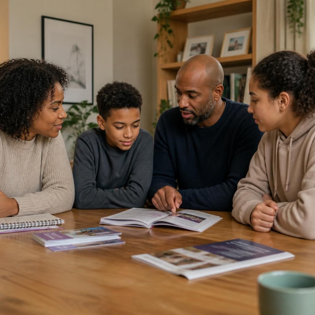 Family members discussing fostering preparation materials around a table