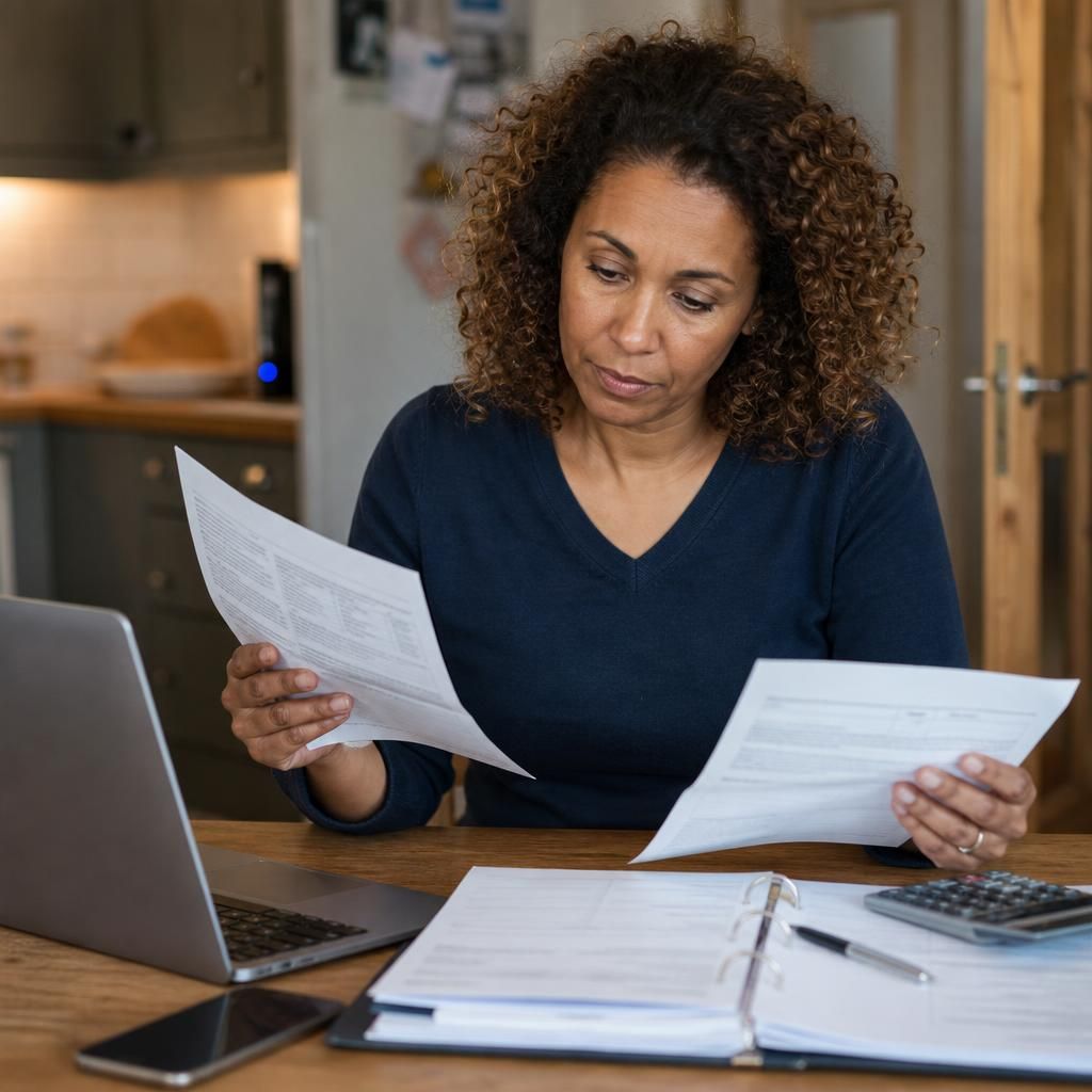 Foster carer reviewing tax records and payment statements at a desk