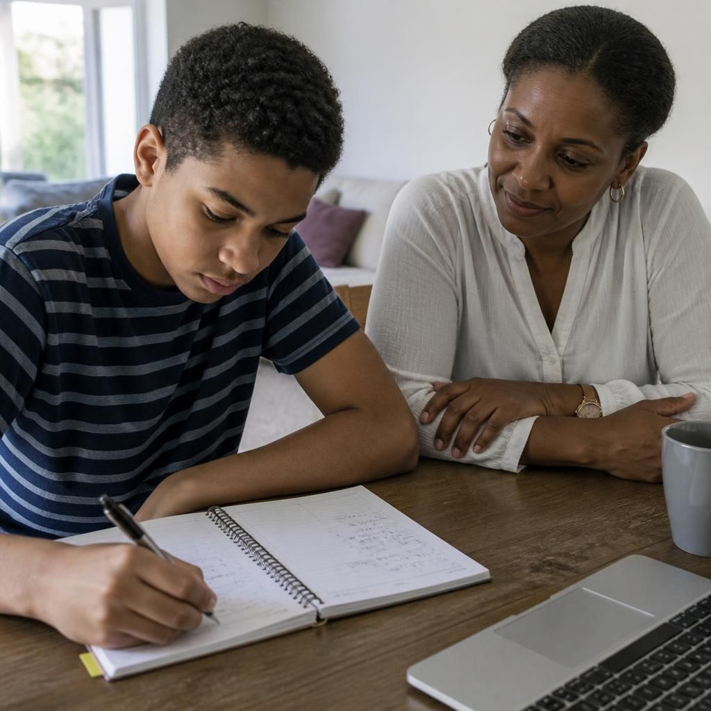 Young person using a planner with a foster carer nearby