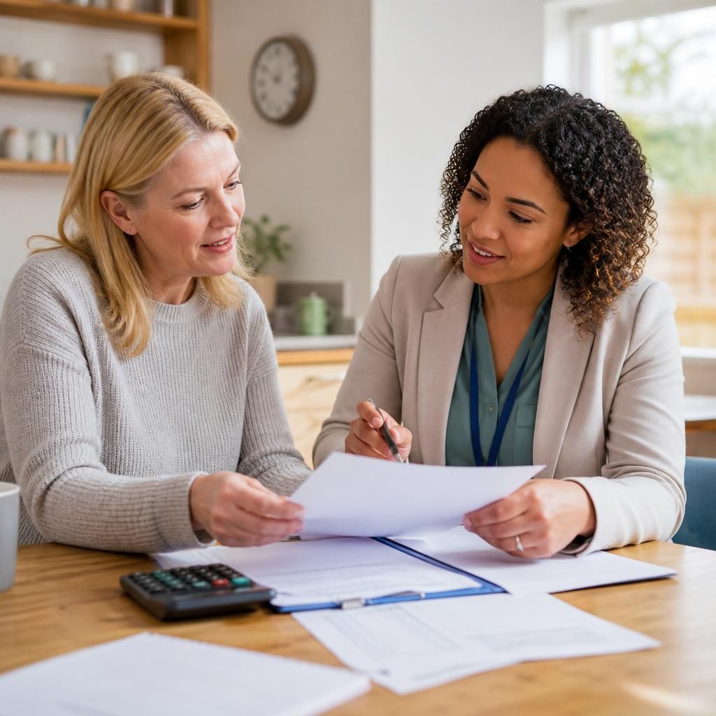 Foster carer and social worker discussing financial documents at a table
