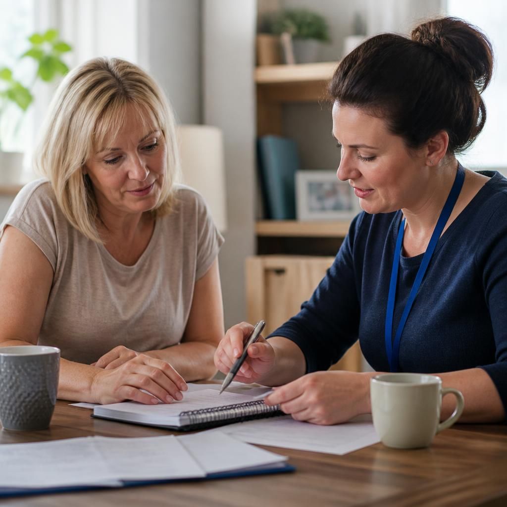 Foster carer reviewing placement notes with a social worker