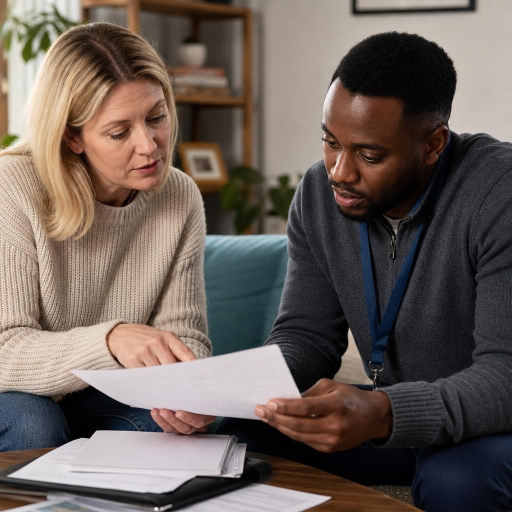 Foster carer reviewing school notes and placement paperwork with a social worker