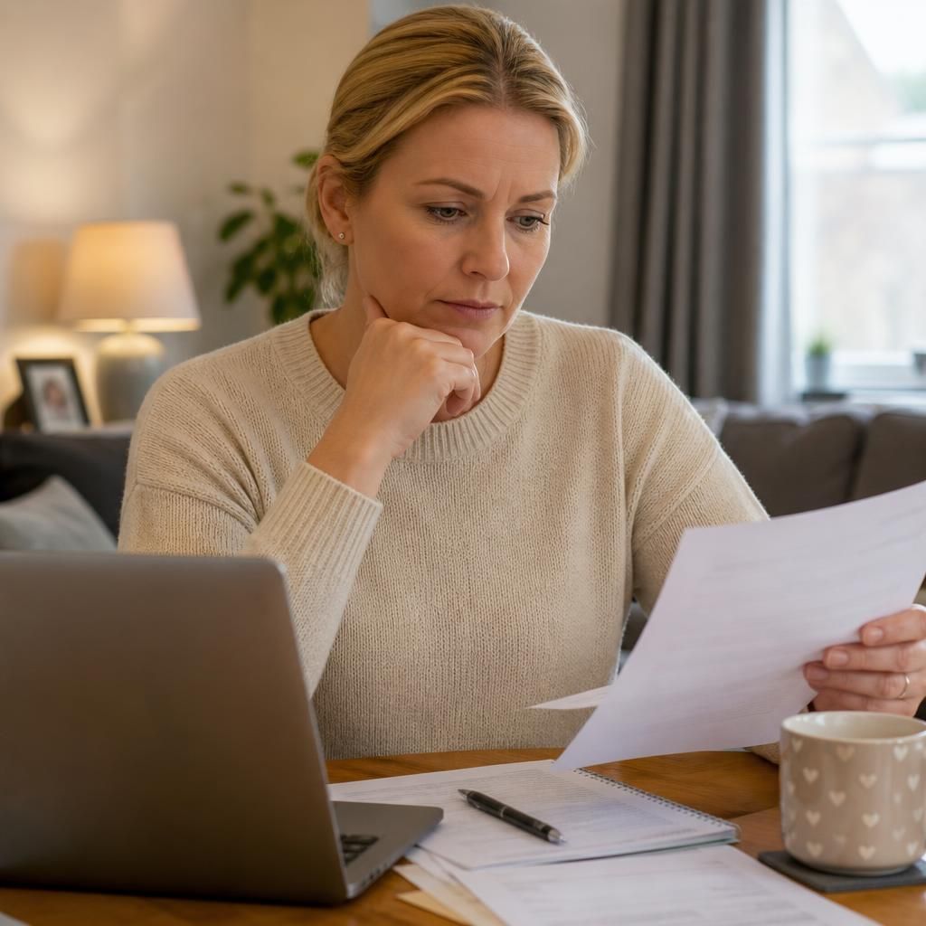 Kinship carer reviewing fostering paperwork at home
