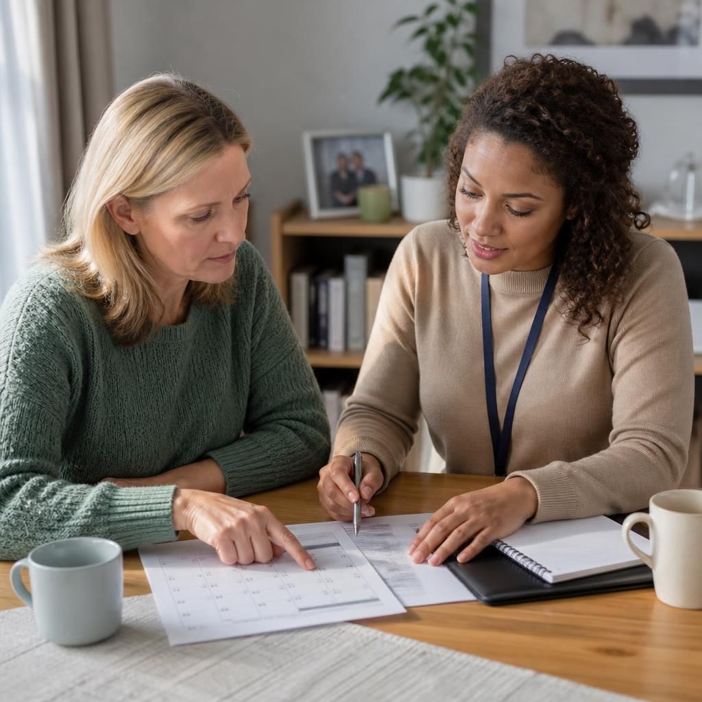 Foster carer reviewing placement dates and payment details with a support worker