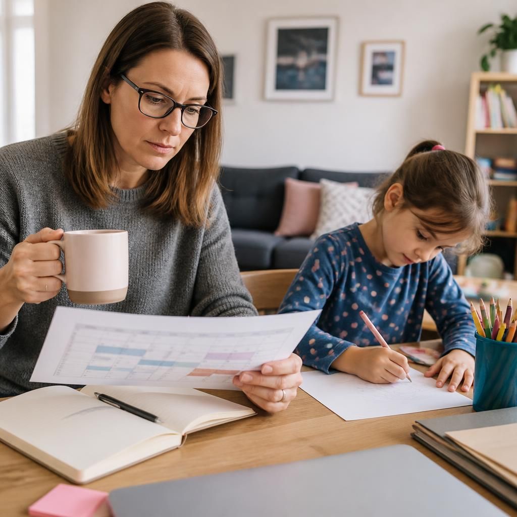 Foster carer reviewing a work schedule while spending time with a child at home