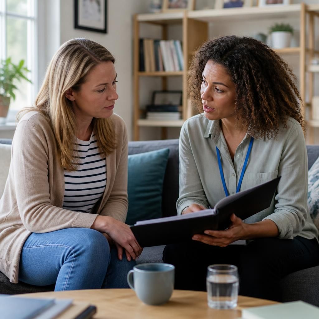 Social worker discussing a child’s care plan with a foster carer