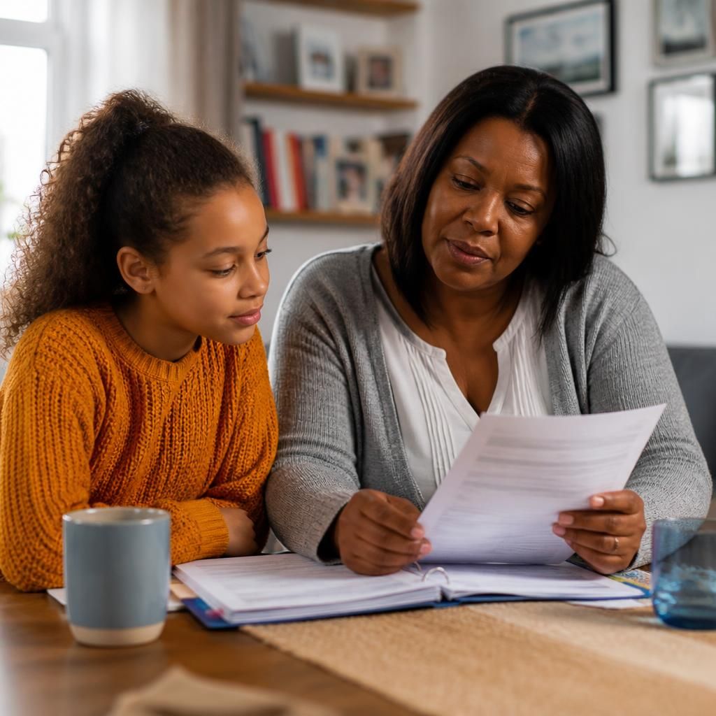 Kinship carer reviewing fostering paperwork with a child at home