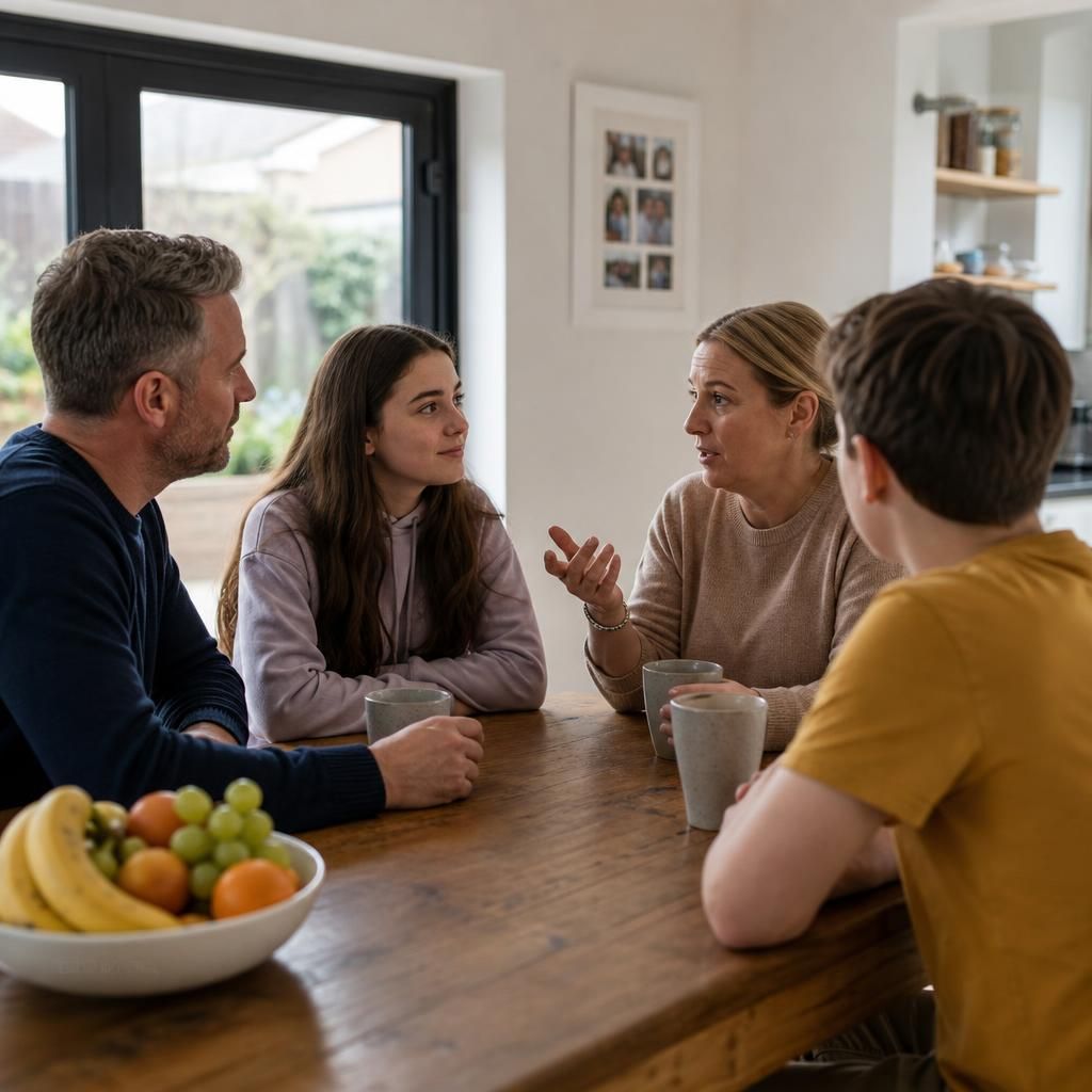 Family members talking together at a dining table