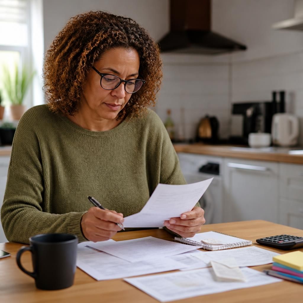 Foster carer reviewing placement paperwork and receipts at a kitchen table