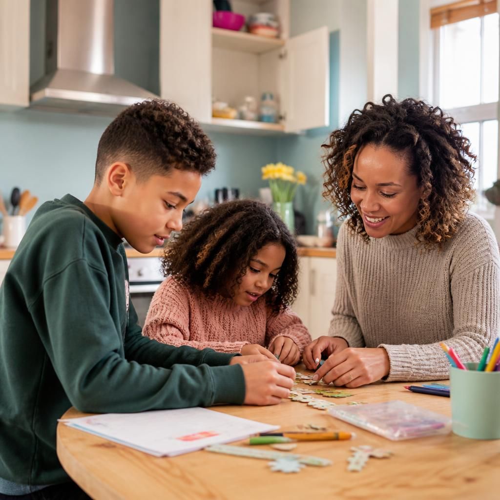 Foster carer helping siblings with a shared household activity