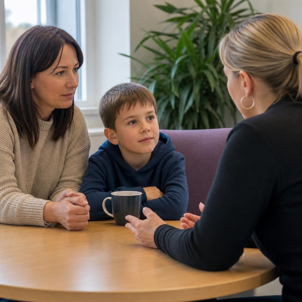 Foster carer and child speaking with a birth family member during a supported meeting