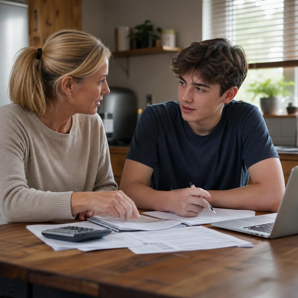 Foster carer and teenager discussing household budgeting at a table