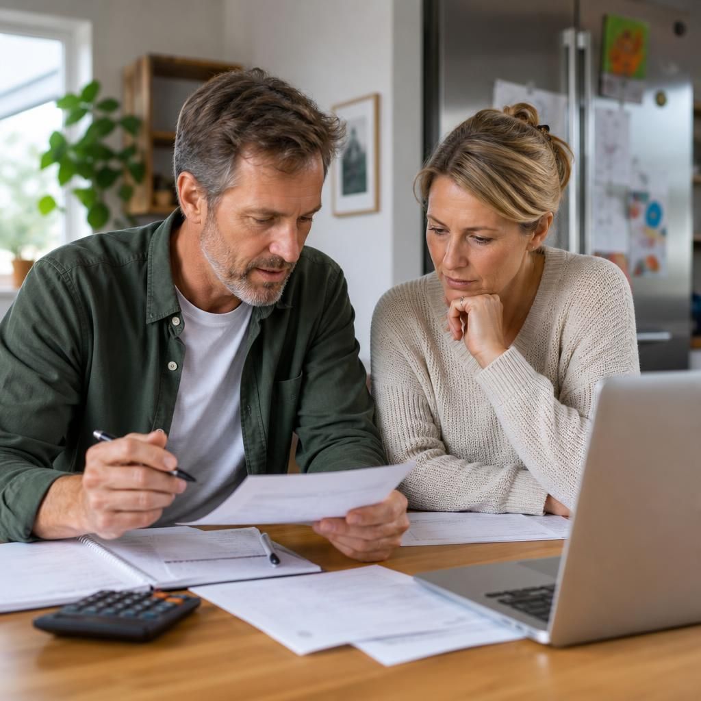 Couple discussing household finances and fostering responsibilities