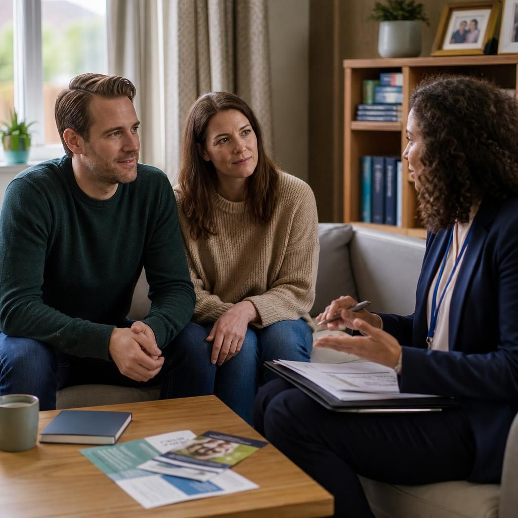 Prospective foster carers discussing fostering with a support worker
