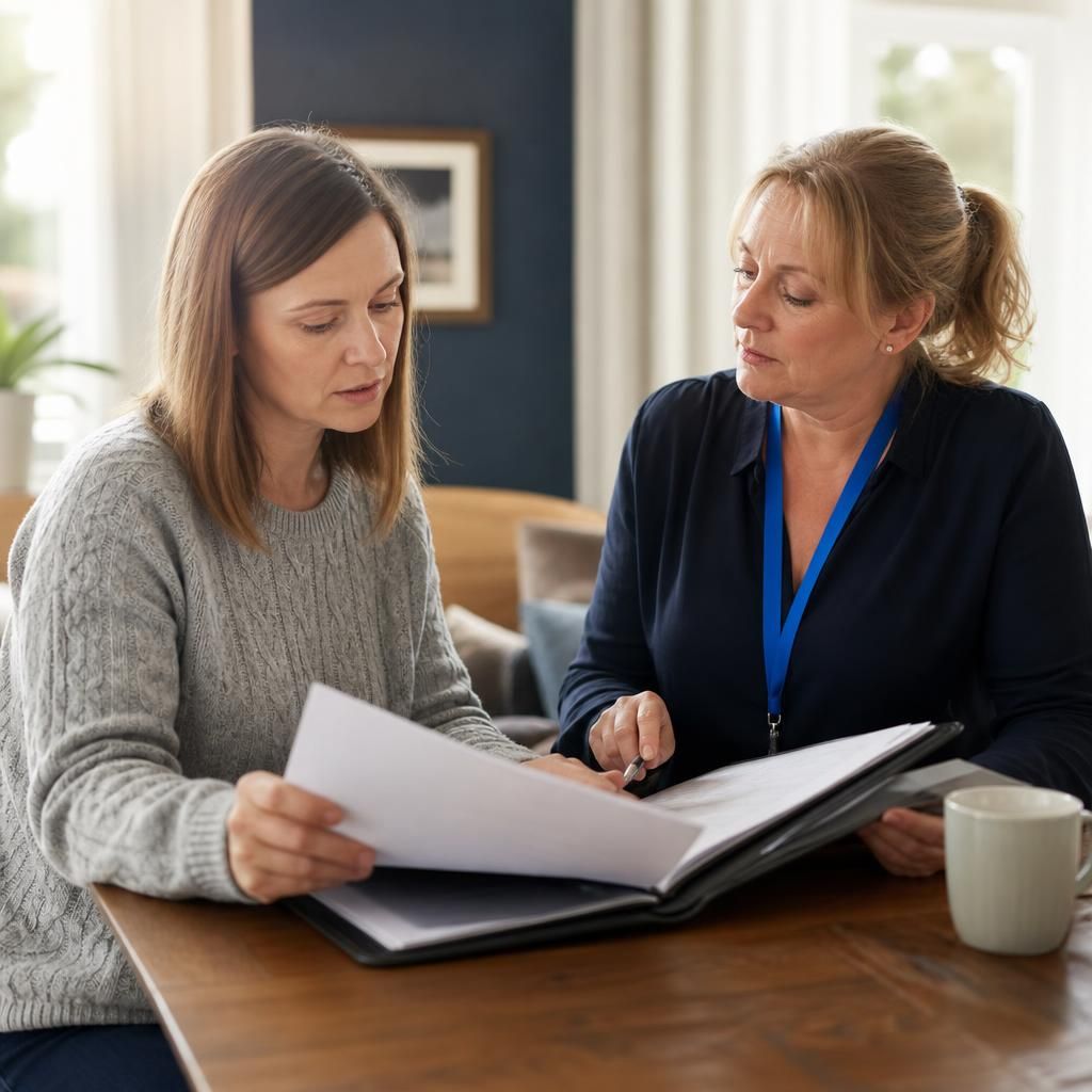 Foster carer reviewing placement documents with a social worker