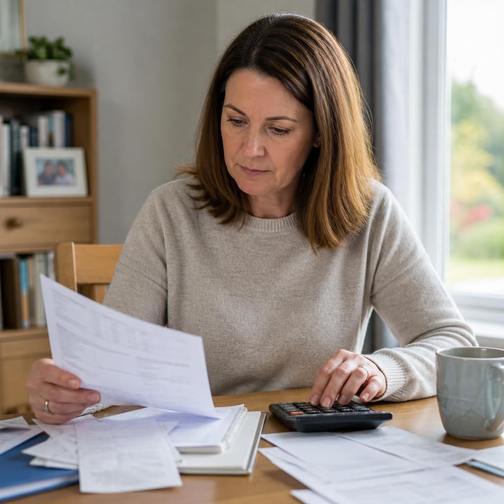 Kinship carer reviewing an allowance statement and tax records at a table