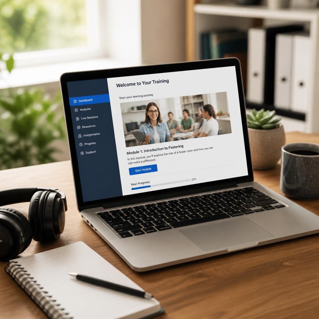 Laptop showing an online training course beside headphones and a notebook