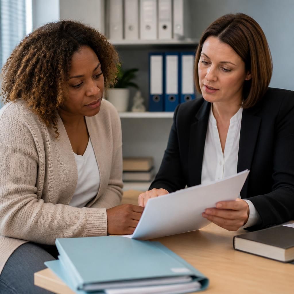 Foster carer reviewing legal papers with a solicitor at a consultation