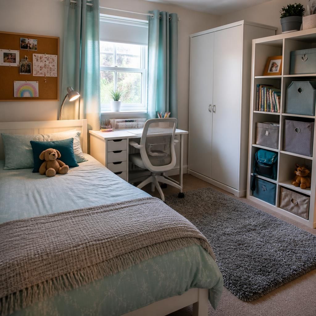 Child-friendly bedroom with a bed, desk, storage and personal belongings